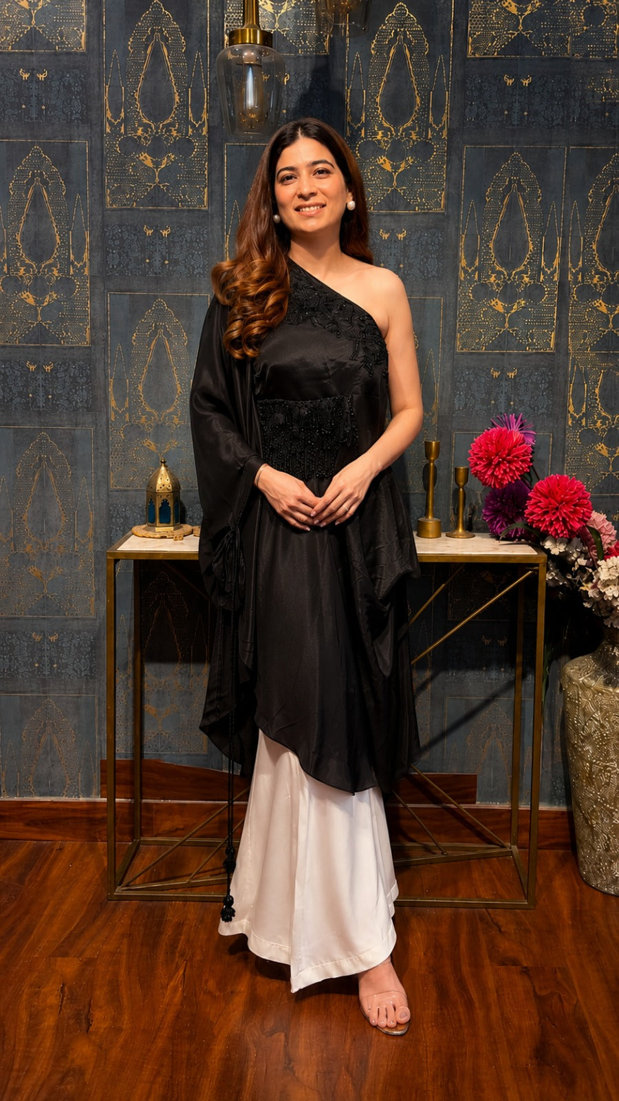 Women's Premium One-Shoulder Satin Kaftan Co-Ord Set with Hand Embroidery