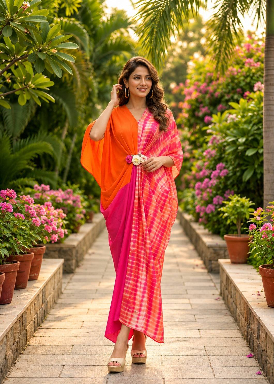 Sunset Bloom Designer Modal Satin Kaftan
