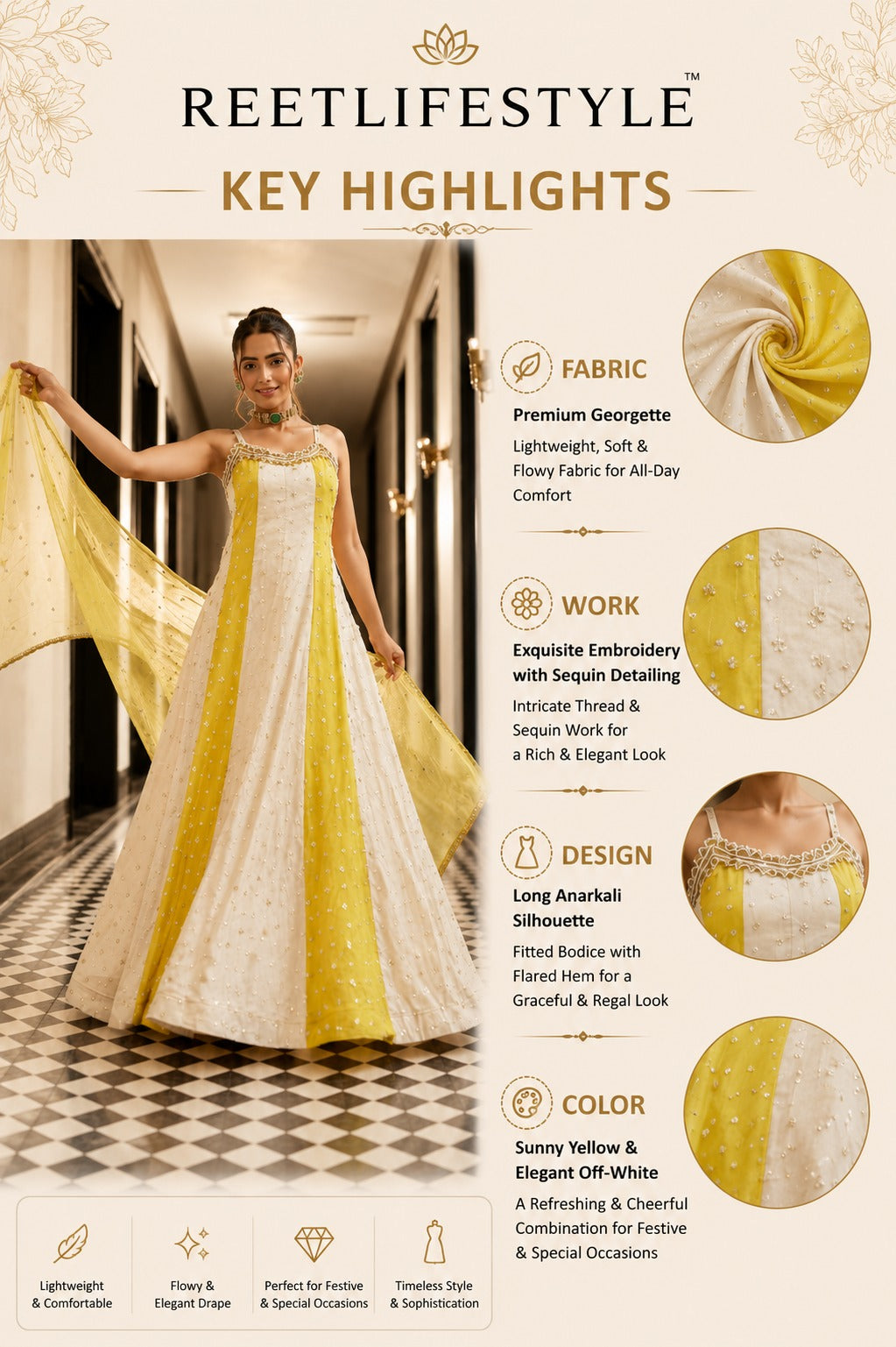 Sunlit Grace Indo-Western Long Anarkali Gown Set with Dupatta