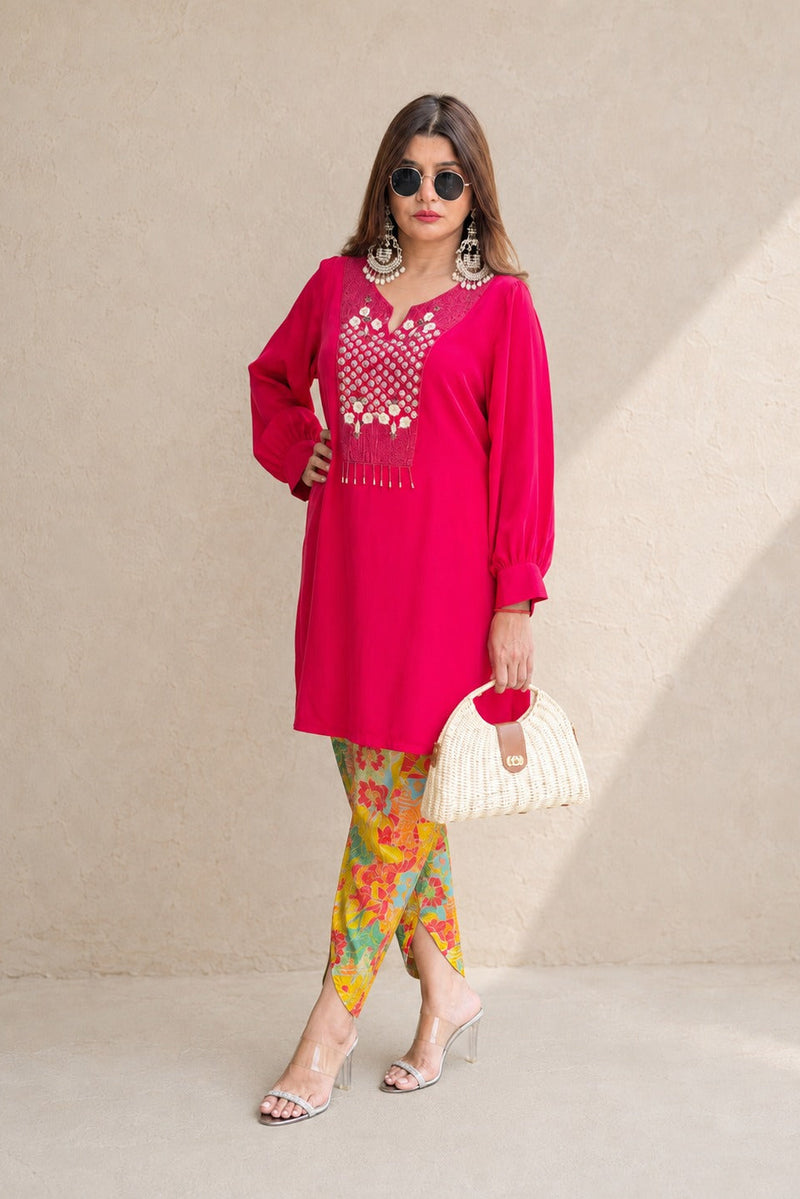 Fuchsia Crepe Kurta with Printed Dhoti Pants