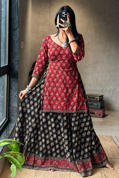 Ajrakh Black cotton chaniya choli kurta style blouse