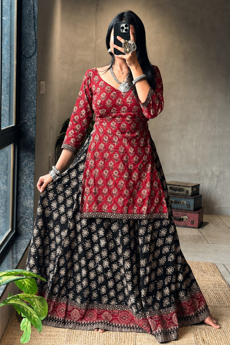 Ajrakh Black cotton chaniya choli kurta style blouse