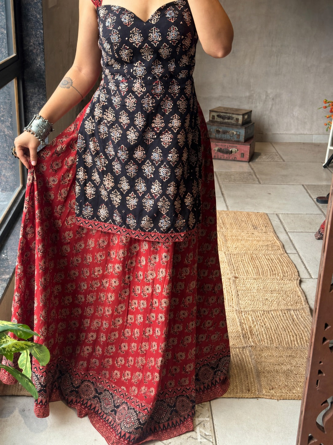 black & Red cotton chaniya choli kurta style blouse Set