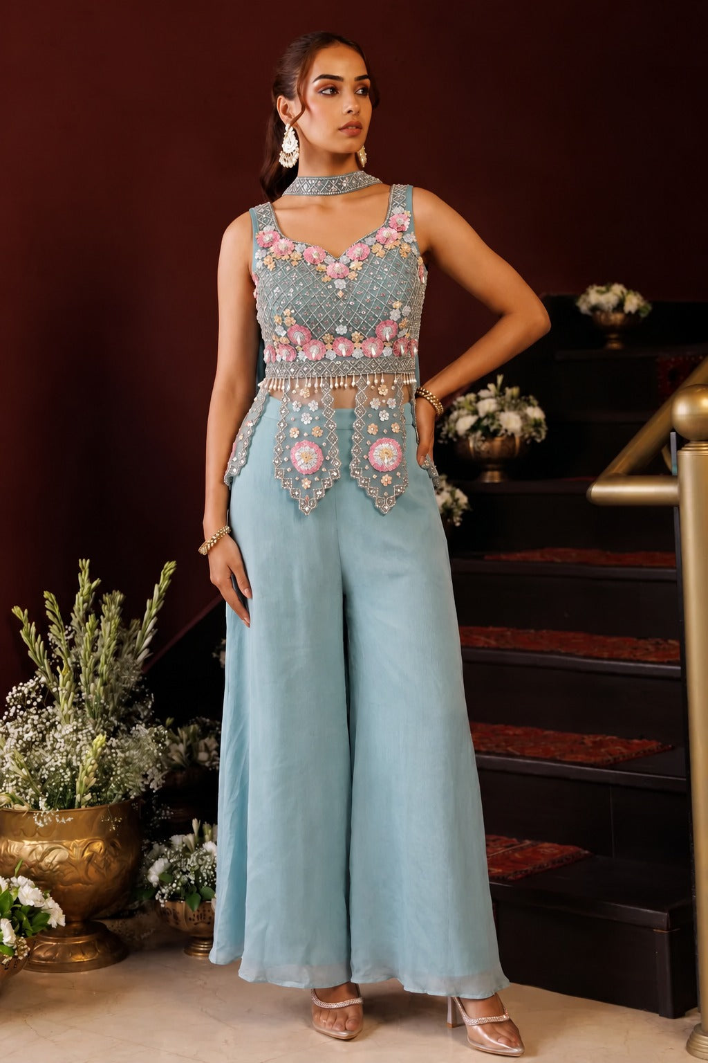 Zariya Ice Blue Embellished Palazzo Set