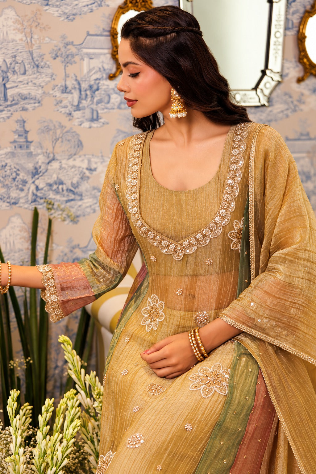 Sunehri Noor Tissue Anarkali Set