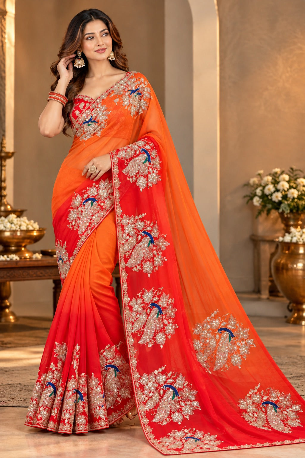 Sunehri Gulab Designer Red  Saree