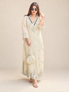 Ivory Sheesh Mahal Festive Dress with Potli