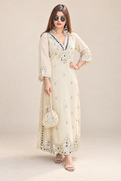 Ivory Sheesh Mahal Festive Dress with Potli