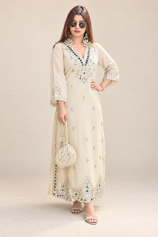 Ivory Sheesh Mahal Festive Dress with Potli