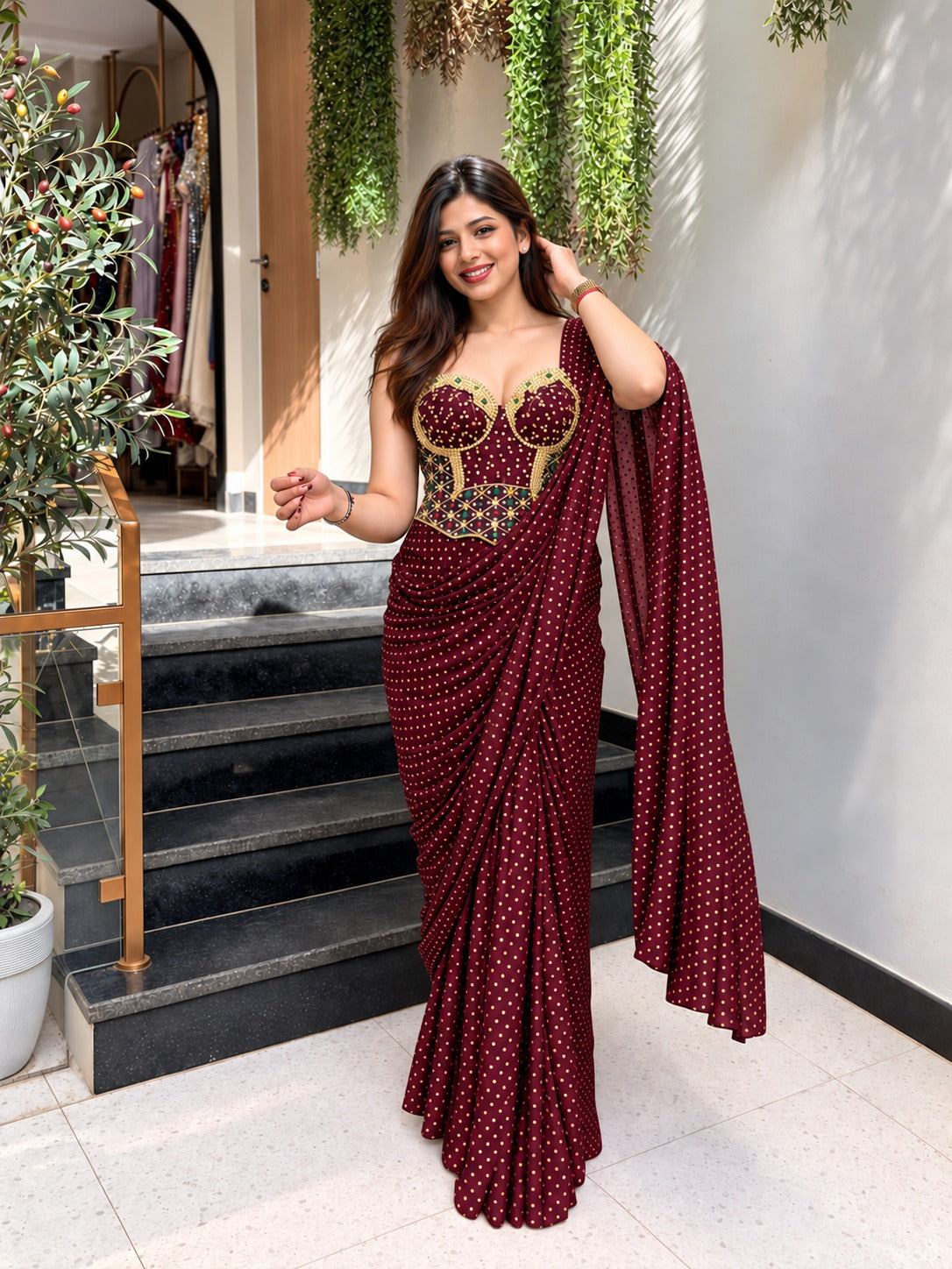 Amethyst Sheesh Mahal Pre-Draped Saree With Corset Blouse