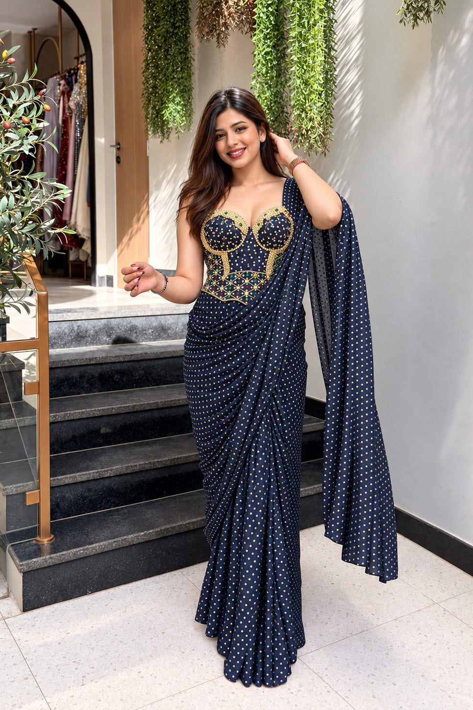 Amethyst Sheesh Mahal Pre-Draped Saree With Corset Blouse