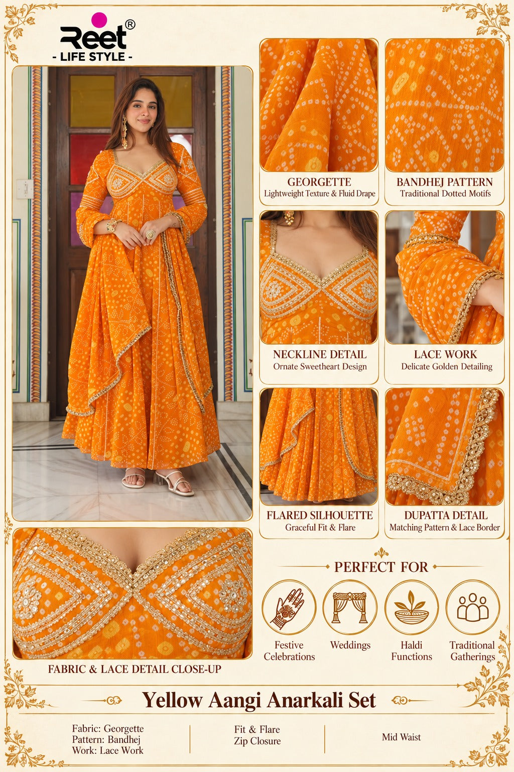 Kesari Aangi Bandhani Anarkali Set