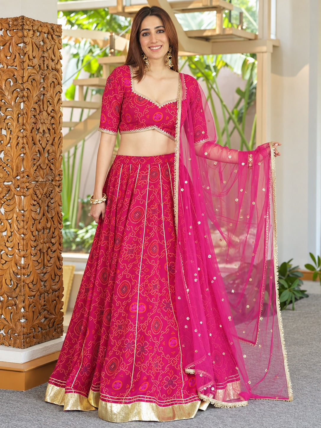 Gulabi Bandhej Festive Lehenga Set