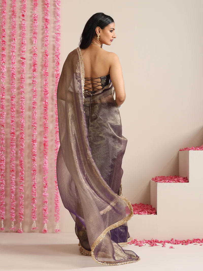 Metallic Mauve Metallic Chiffon Saree with Gold Border & Stitched Blouse