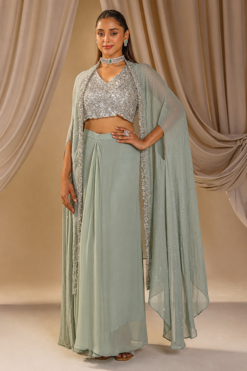 Mint Green Cape Set with Saree-Inspired Drape