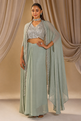 Mint Green Cape Set with Saree-Inspired Drape