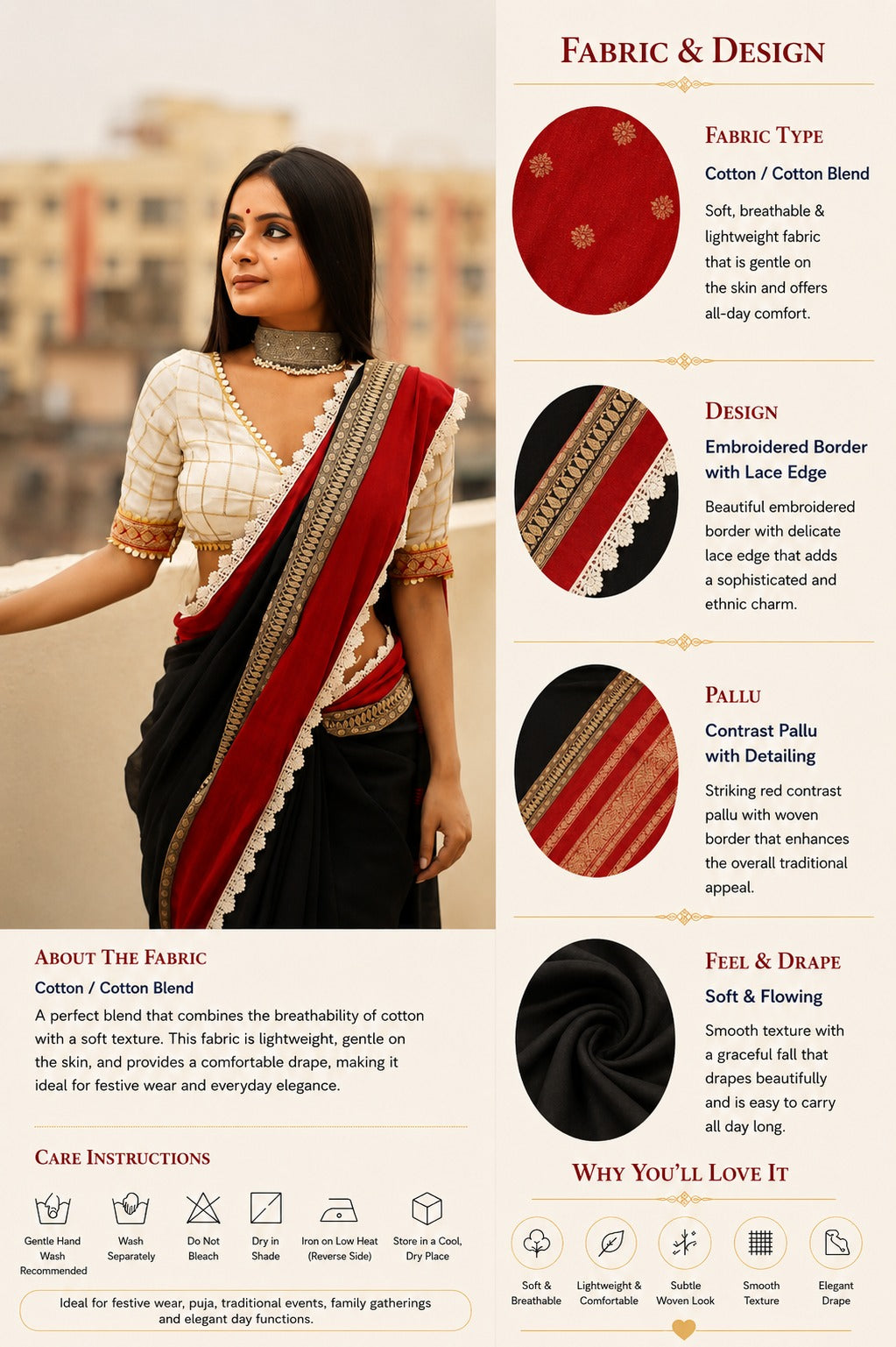 Black and Red Designer Embroidered Border Saree With Blouse