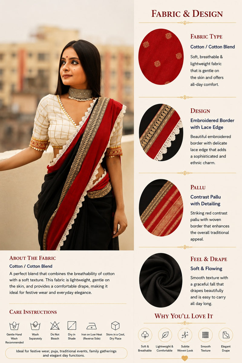 Black and Red Designer Embroidered Border Saree With Blouse