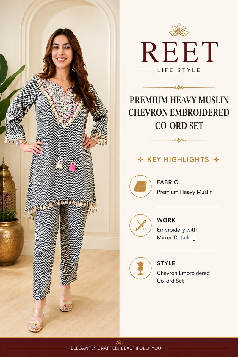 Black & White Premium Heavy Muslin Chevron Co-ord Set with Hand Embroidery