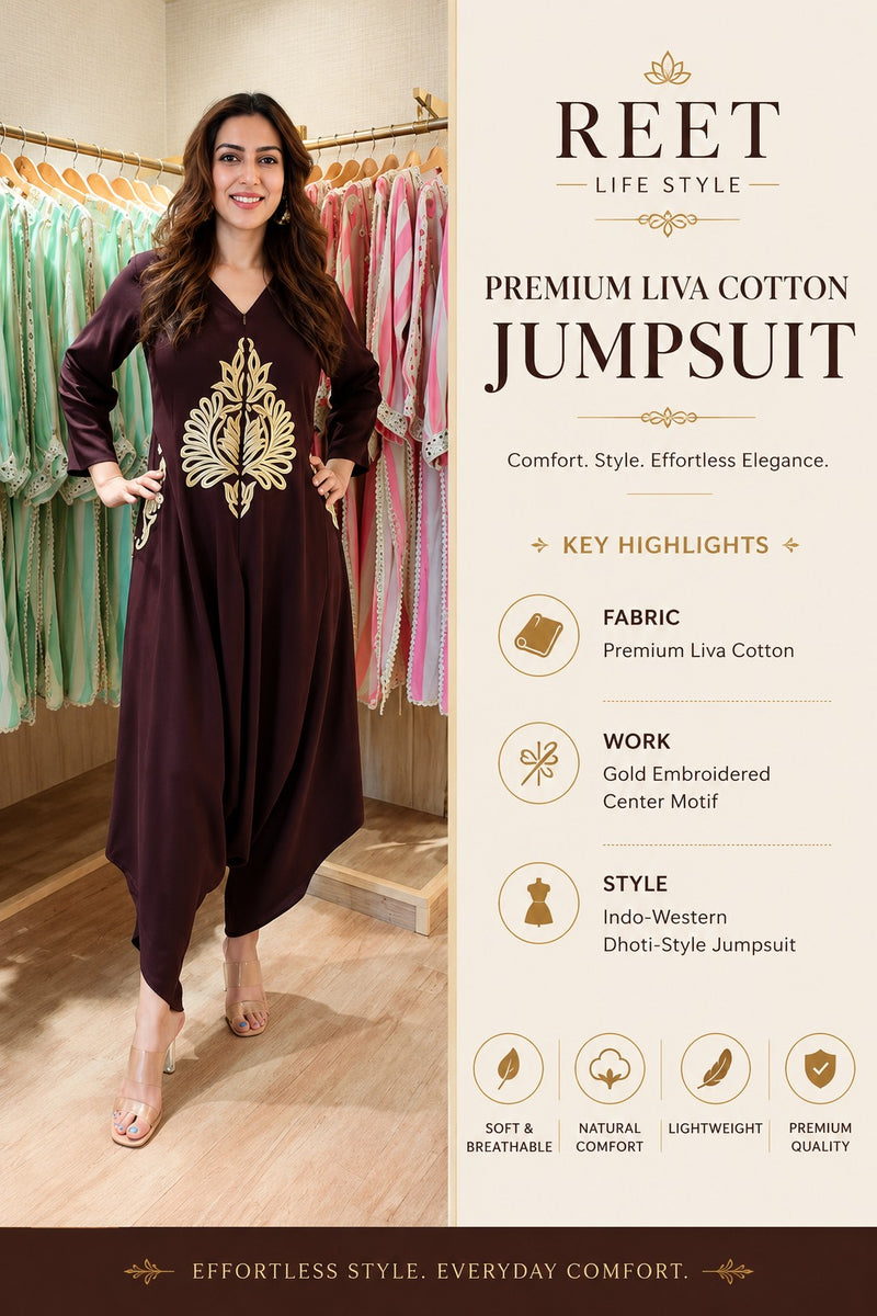 Deep Brown Premium Liva Cotton Embroidered Jumpsuit