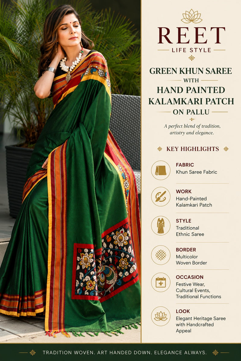 Green Khun Saree with Hand Painted Kalamkari Patch Pallu