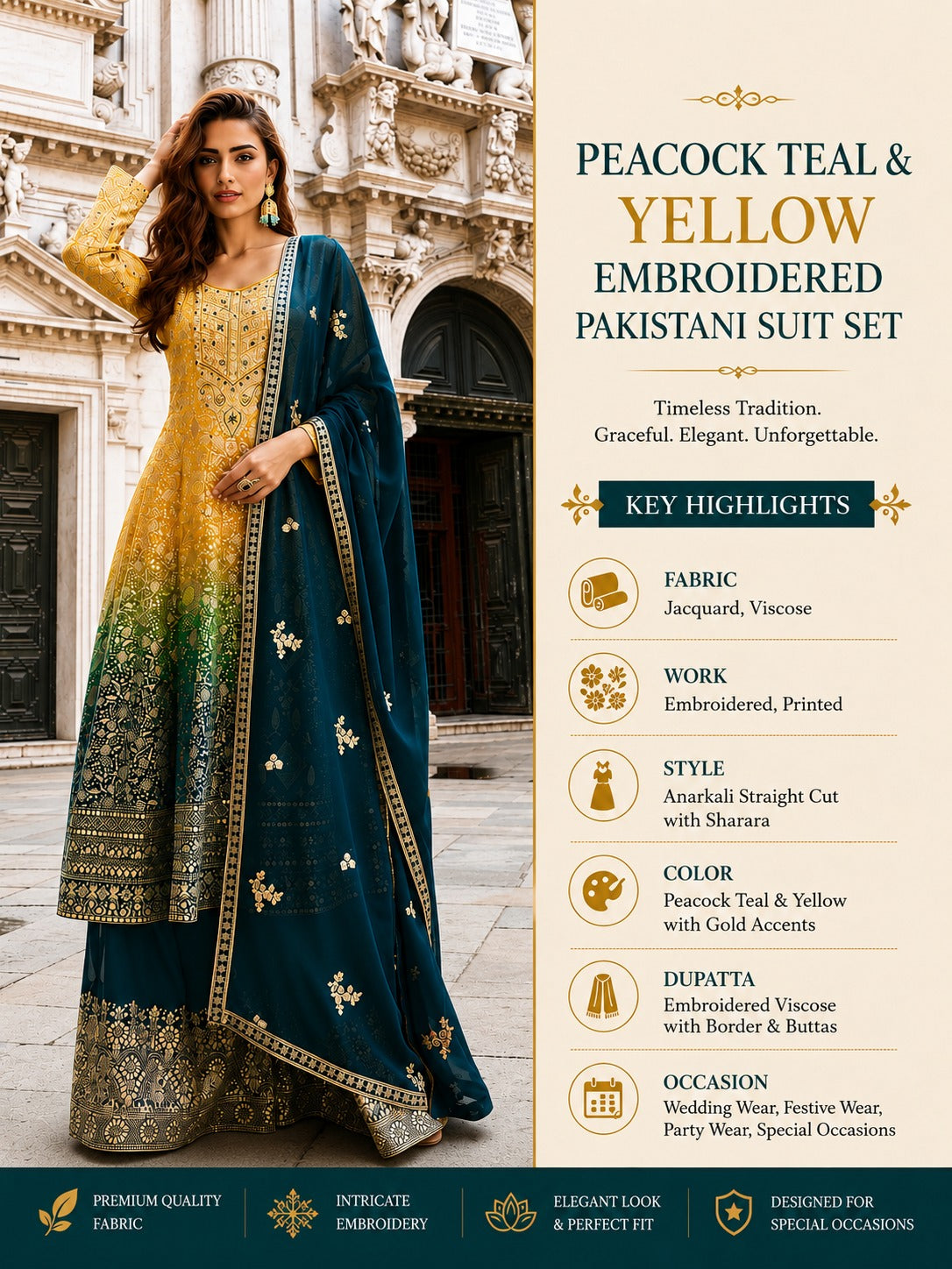 Mustard Yellow Viscose Silk Embroidered Kurta Set with Bottom & Teal Dupatta