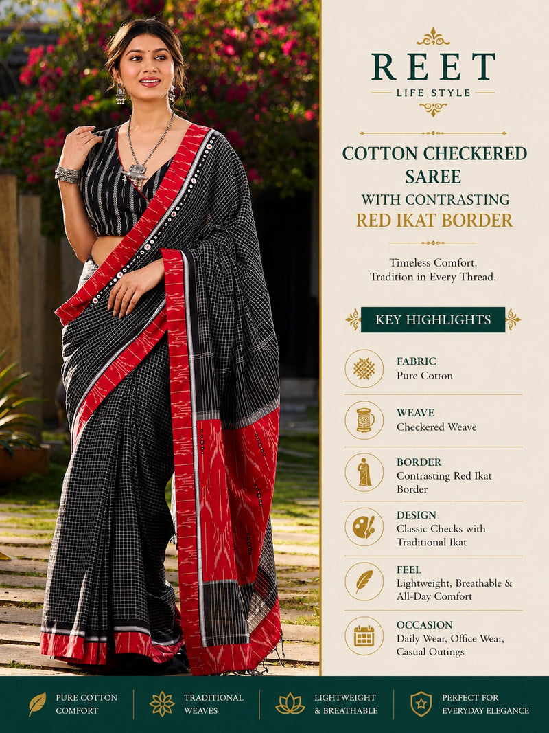 Cotton Checkered  Contrasting Red Ikat Border  Saree with Blouse