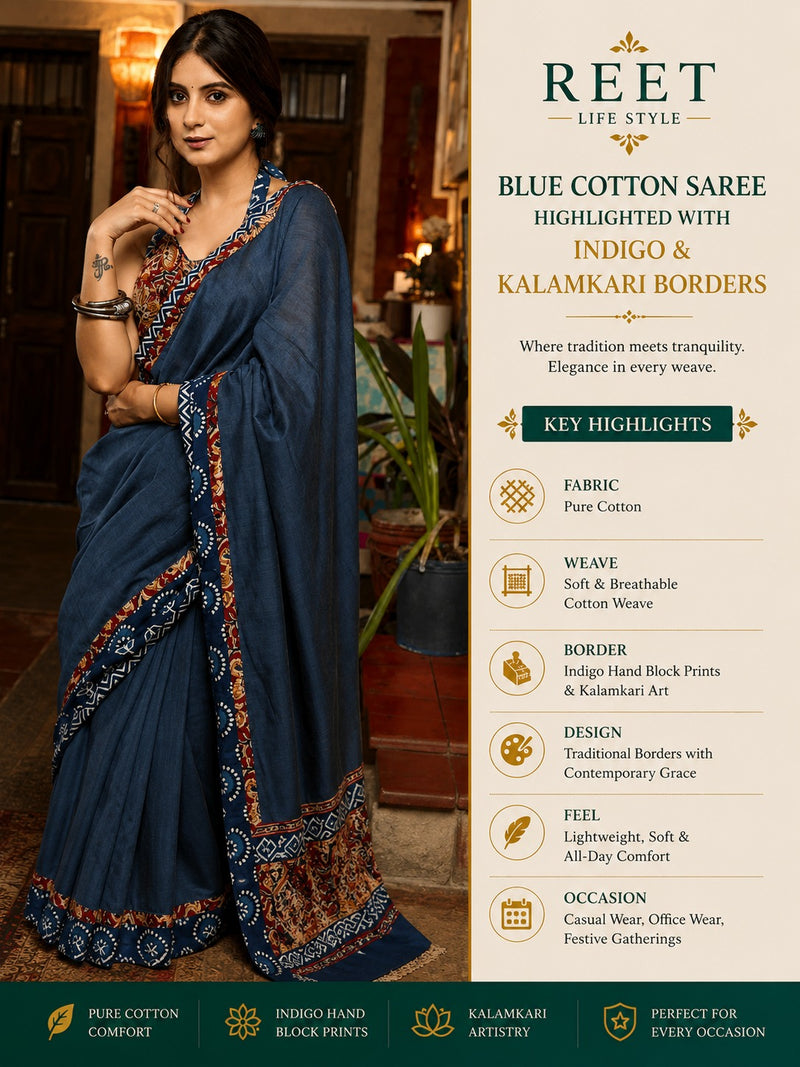 Neelambara Cotton Saree with Kalamkari-Inspired Detailing