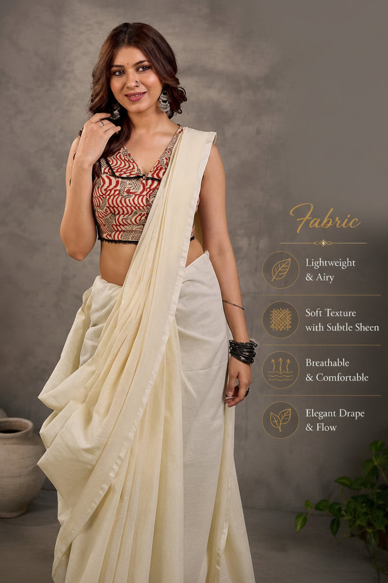 Rust Cotton Saree with Printed Sleeveless Blouse and  Black Piping Detail
