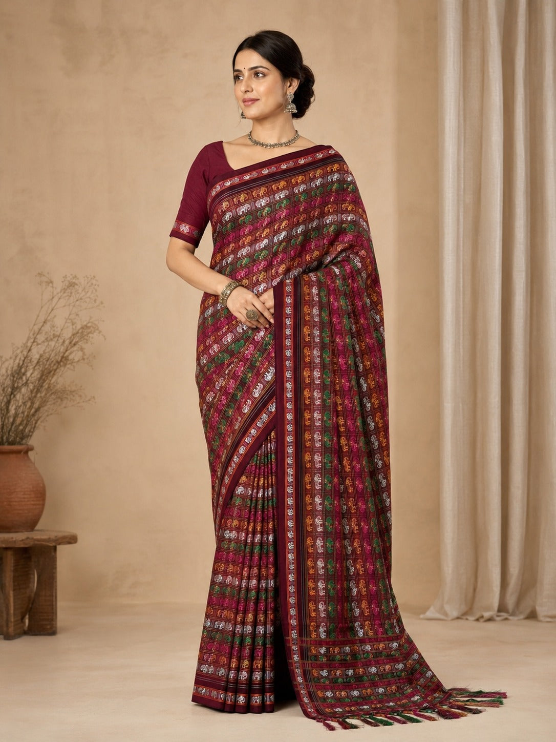Hati Mor Green Khun Saree with Maroon Border