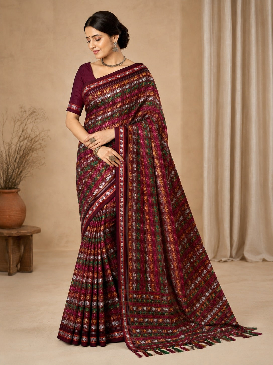 Hati Mor Green Khun Saree with Maroon Border