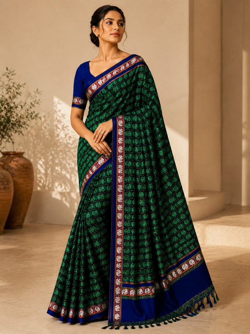 Hati Mor Green Khun Saree with Maroon Border