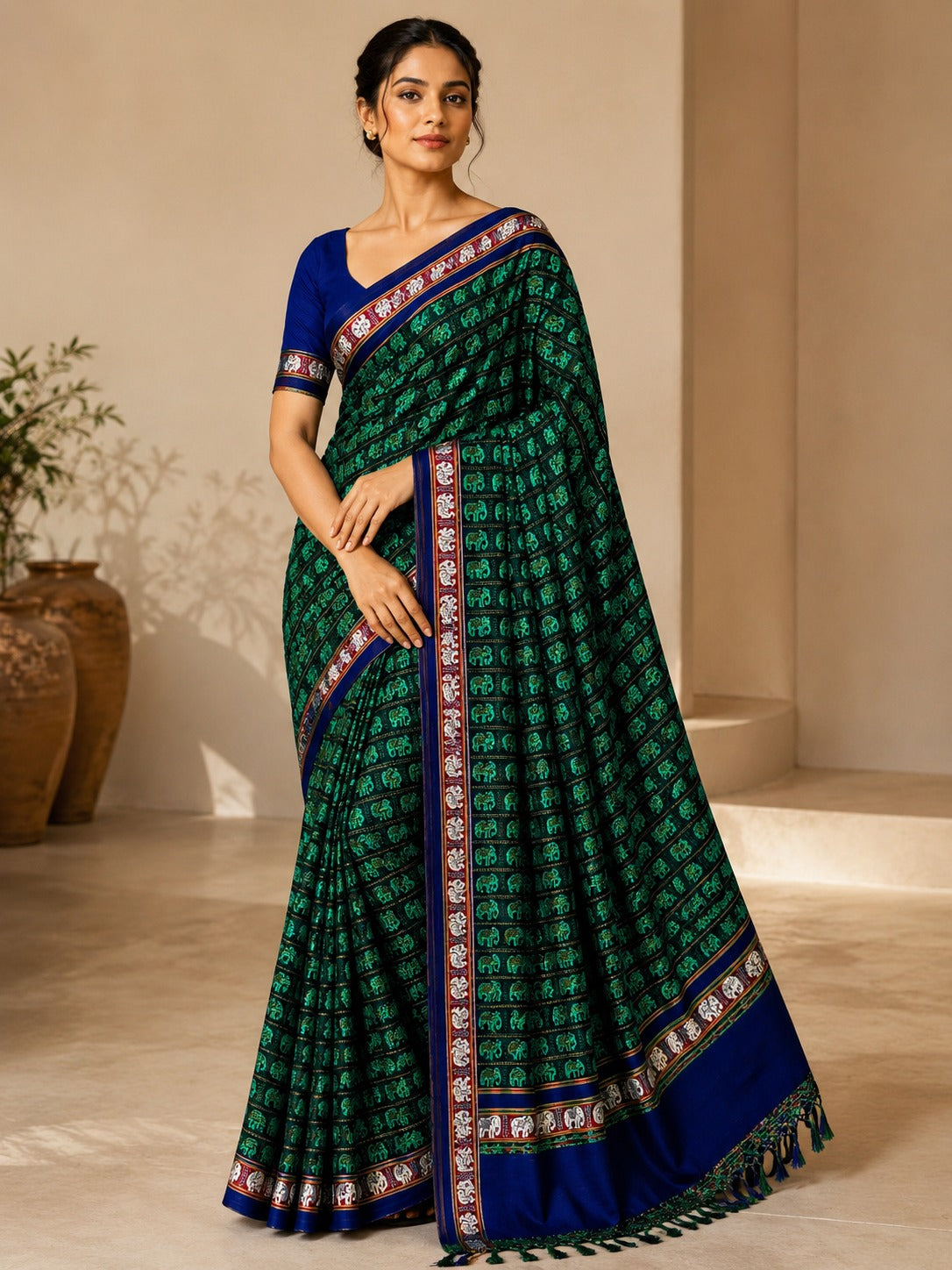 Hati Mor Green Khun Saree with Maroon Border