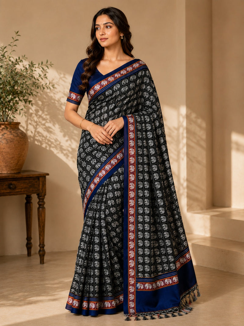 Hati Mor Green Khun Saree with Maroon Border