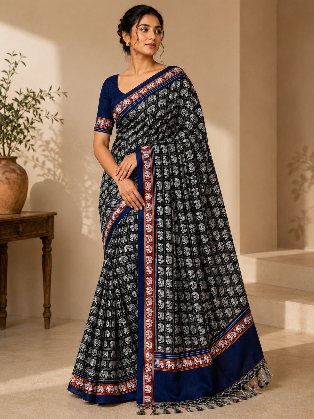 Hati Mor Green Khun Saree with Maroon Border