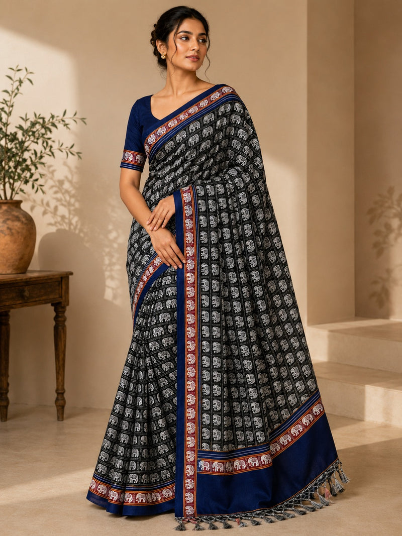 Hati Mor Green Khun Saree with Maroon Border