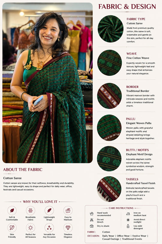Hati Mor Green Khun Saree with Maroon Border