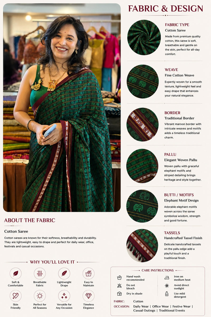 Hati Mor Green Khun Saree with Maroon Border