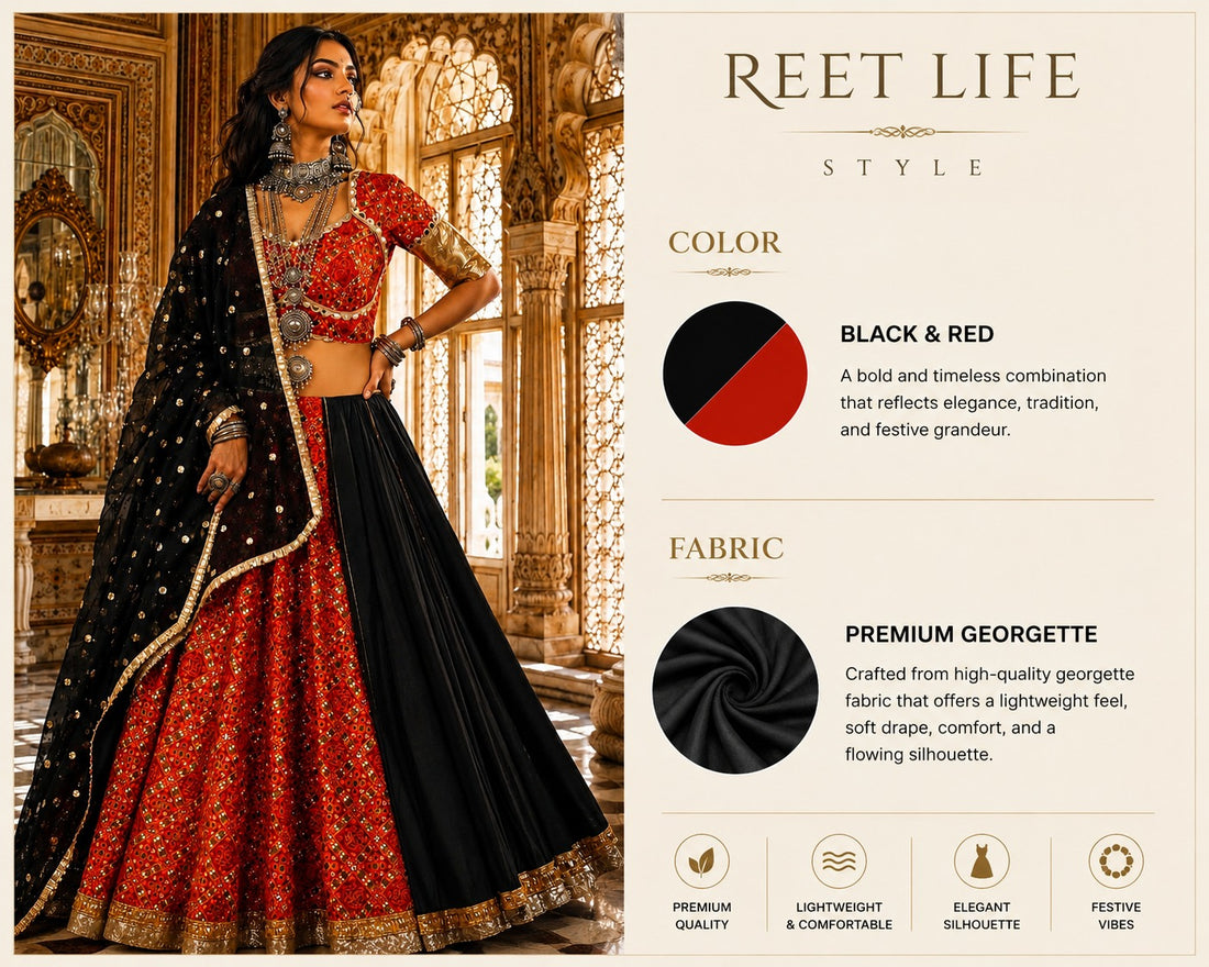 Red & Black Royal Navratri Lehenga Set with Bandhej Print Dupatta
