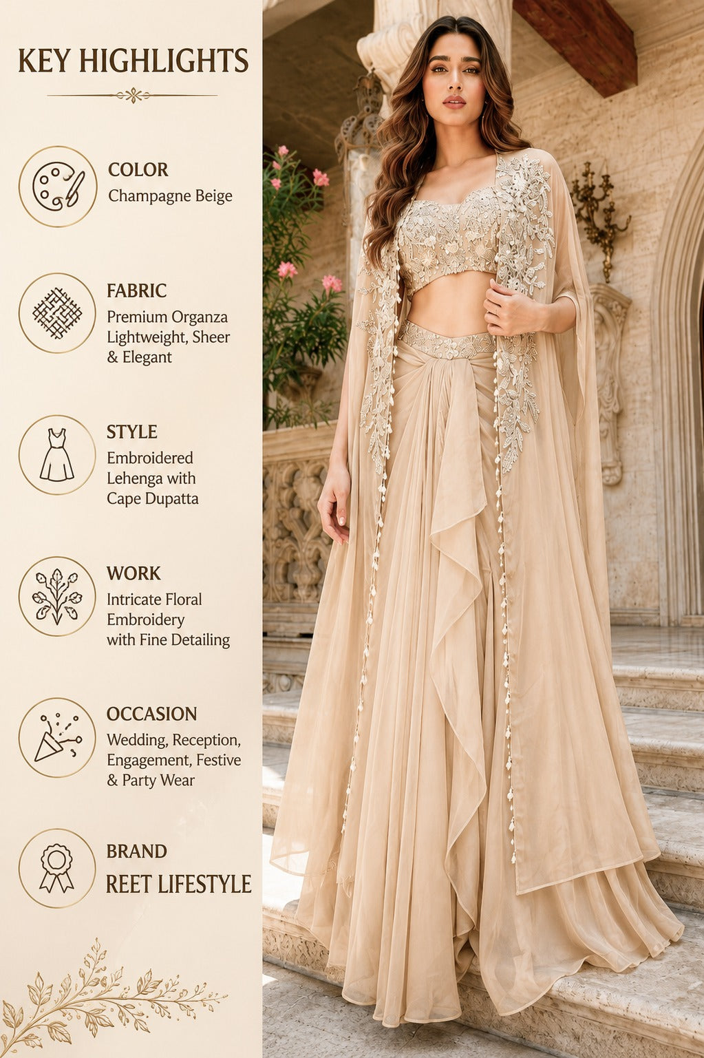 Champagne Beige Embroidered Organza Lehenga Set with Cape Dupatta
