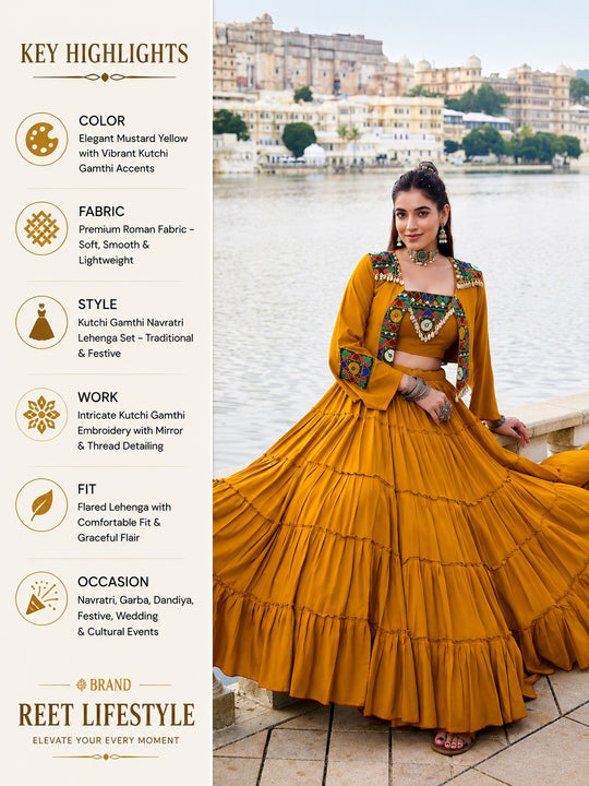 Royal Gamthi Rayon Lehenga Choli with Mirror Work Jacket Set