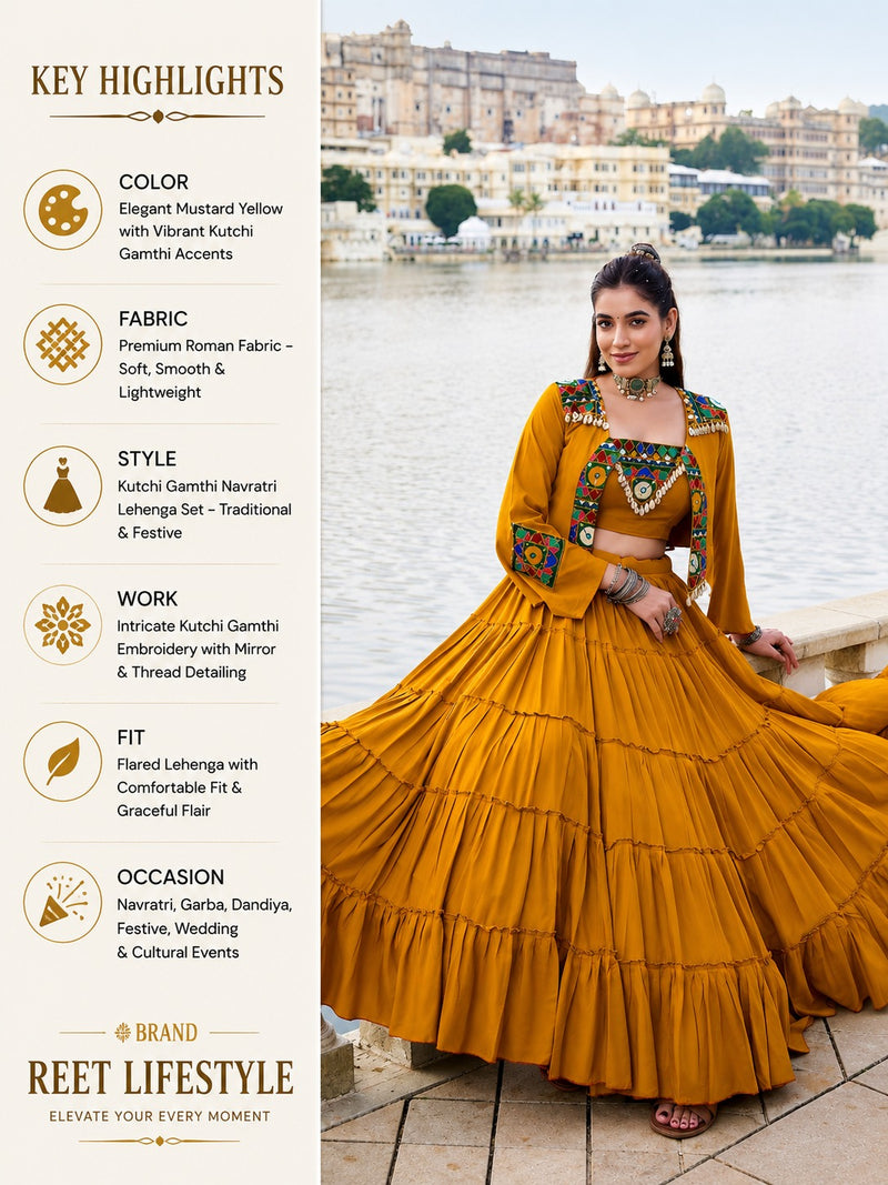 Royal Gamthi Rayon Lehenga Choli with Mirror Work Jacket Set
