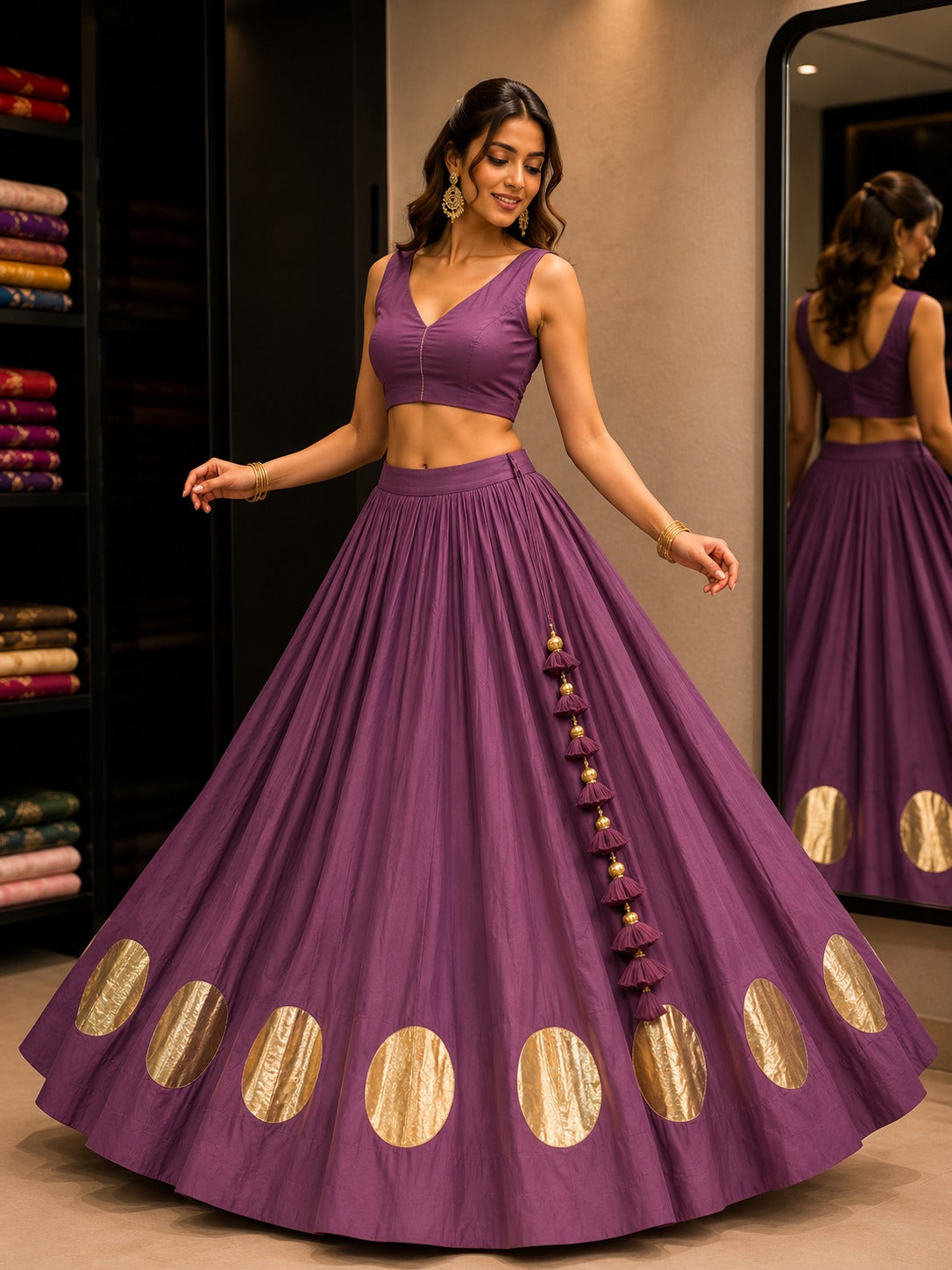 Royal Purple 24 Kali Flared With Gold Butti Skirt