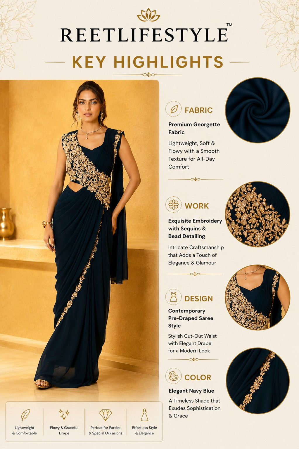 Moonlit Petals Designer Pre-Draped Saree