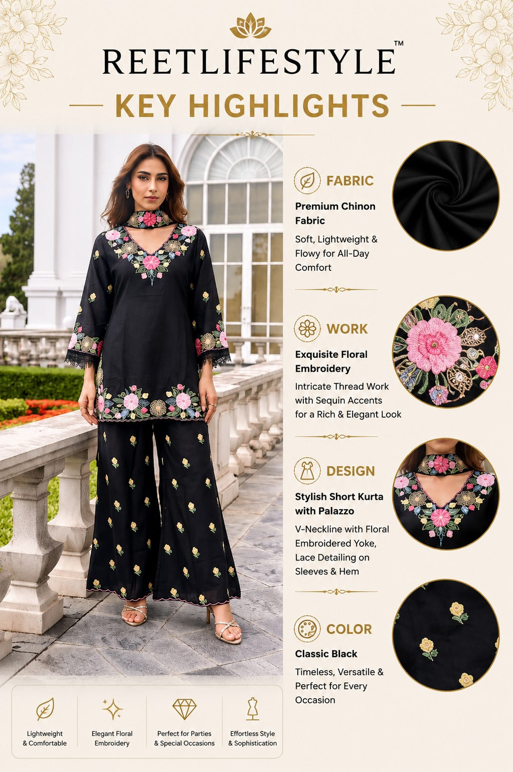 Moodnight Bloom Embroidered Palazzo Cord Set