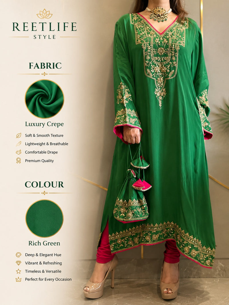 Luxury Crepe Embroidered Phiran Kurta Set with Churidar & Potli
