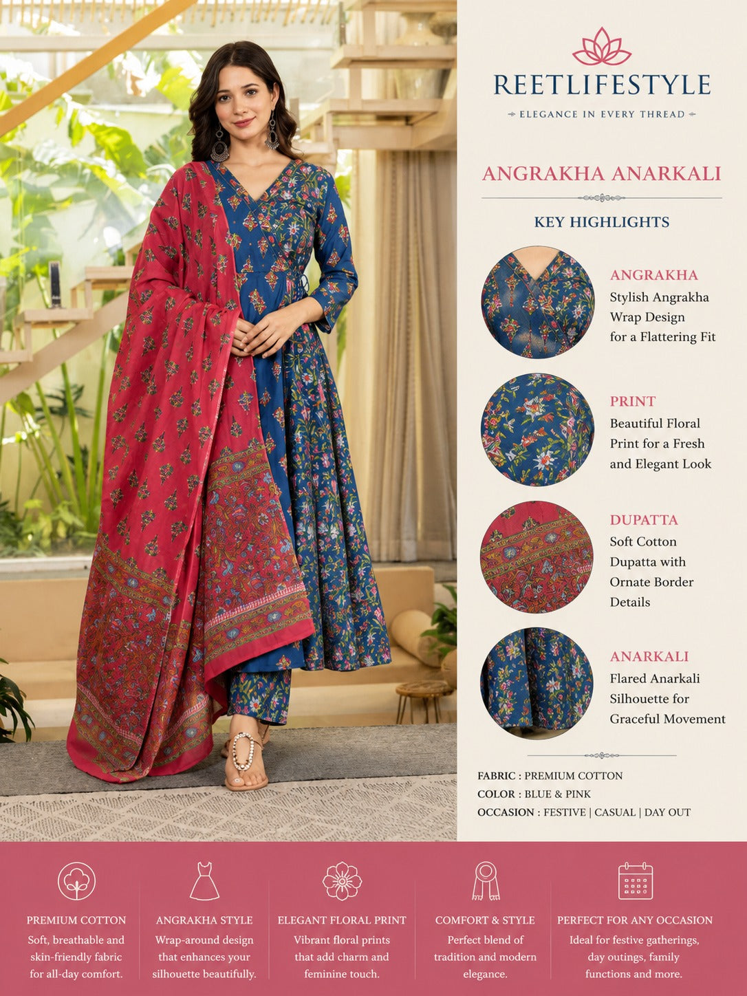 Angrakha Cotton Anarkali Suit Set with Mulmul Dupatta