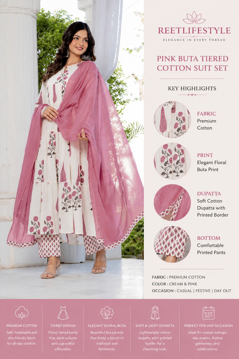 Pink Buta Tiered Cotton Anarkali Set