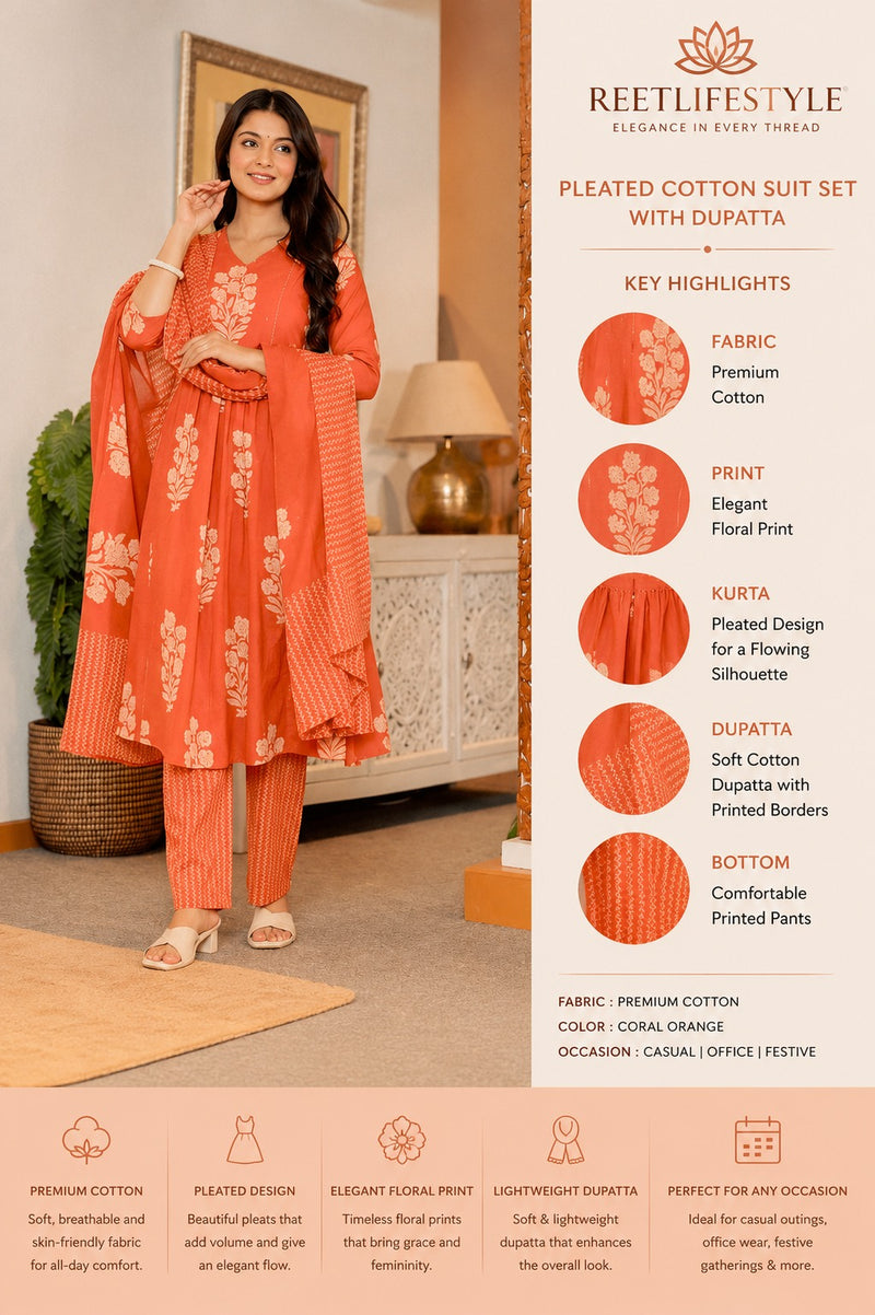 Rust Orange Pleated Cotton Suit Set with Dupatta