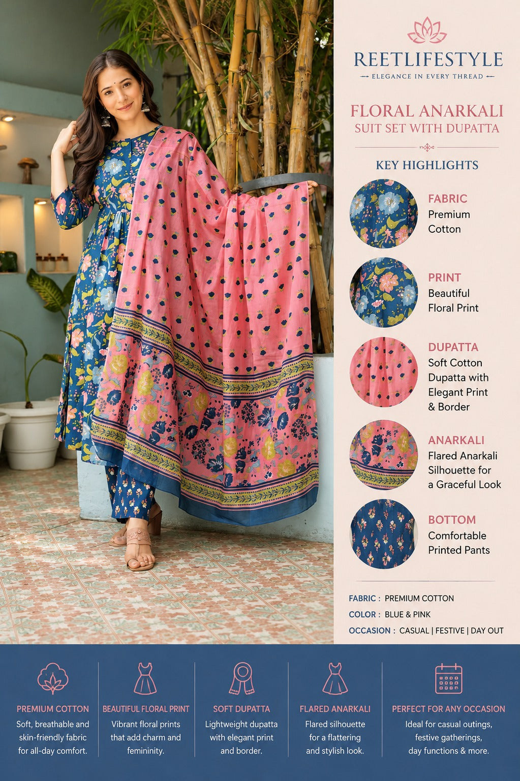 Blue Floral Pleated Cotton Suit Set with Mulmul Dupatta